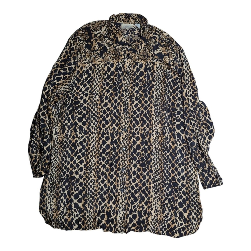 Elisabeth Women's Black and Brown Leopard Print 100% Silk Button Up Blouse